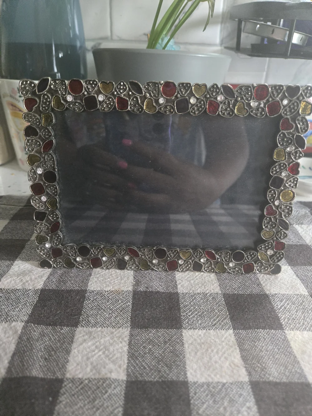 Vintage Ornate Bejeweled Enamel Metal Picture Frame, 4x6